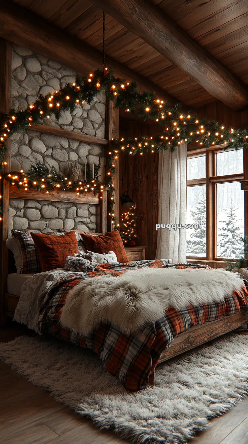 A cozy bedroom with a rustic stone and wood interior, decorated with string lights and garlands, featuring plaid bedding and a furry throw, overlooking a snowy landscape outside the window.