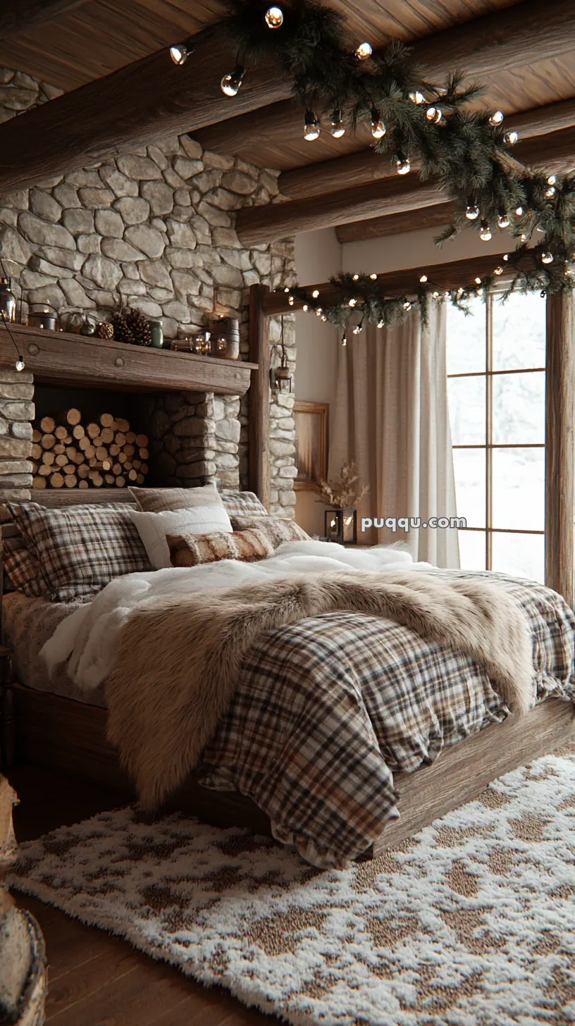 Cozy rustic bedroom with stone fireplace, plaid bedding, and fur throw, decorated with garland and string lights.