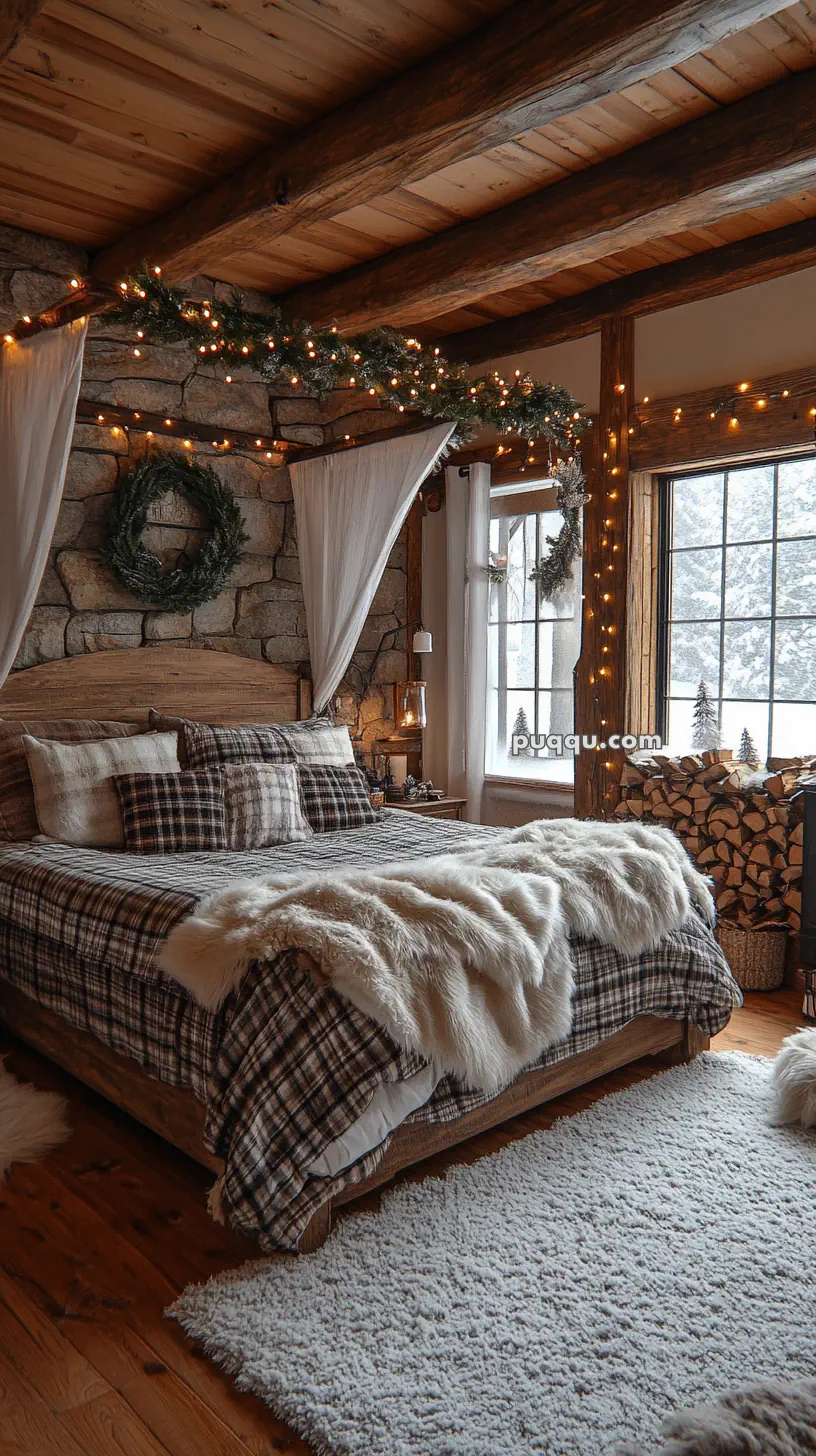 Cozy rustic bedroom with plaid bedding, furry blanket, stone wall, wooden beams, Christmas garland and lights, large window showing a snowy scene outside.