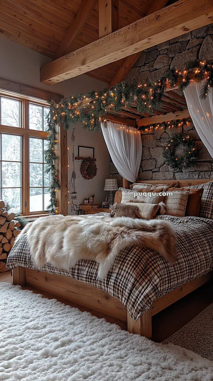 Cozy rustic bedroom with a wooden ceiling, a bed covered in plaid bedding, a fur throw, surrounded by garlands with lights and a snowy window view.