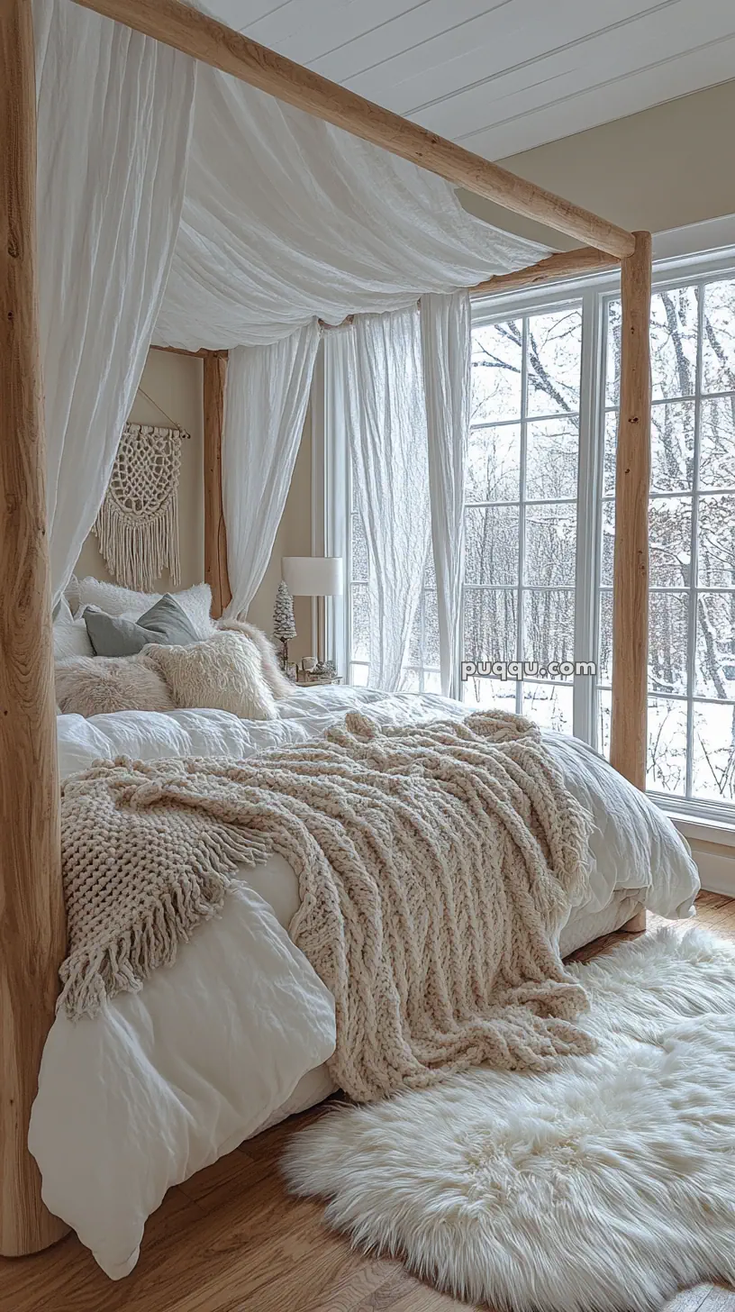 Cozy bedroom with a four-poster bed draped in white fabric, adorned with soft pillows and blankets, a fluffy rug on the floor, and large windows showcasing a snowy landscape outside.