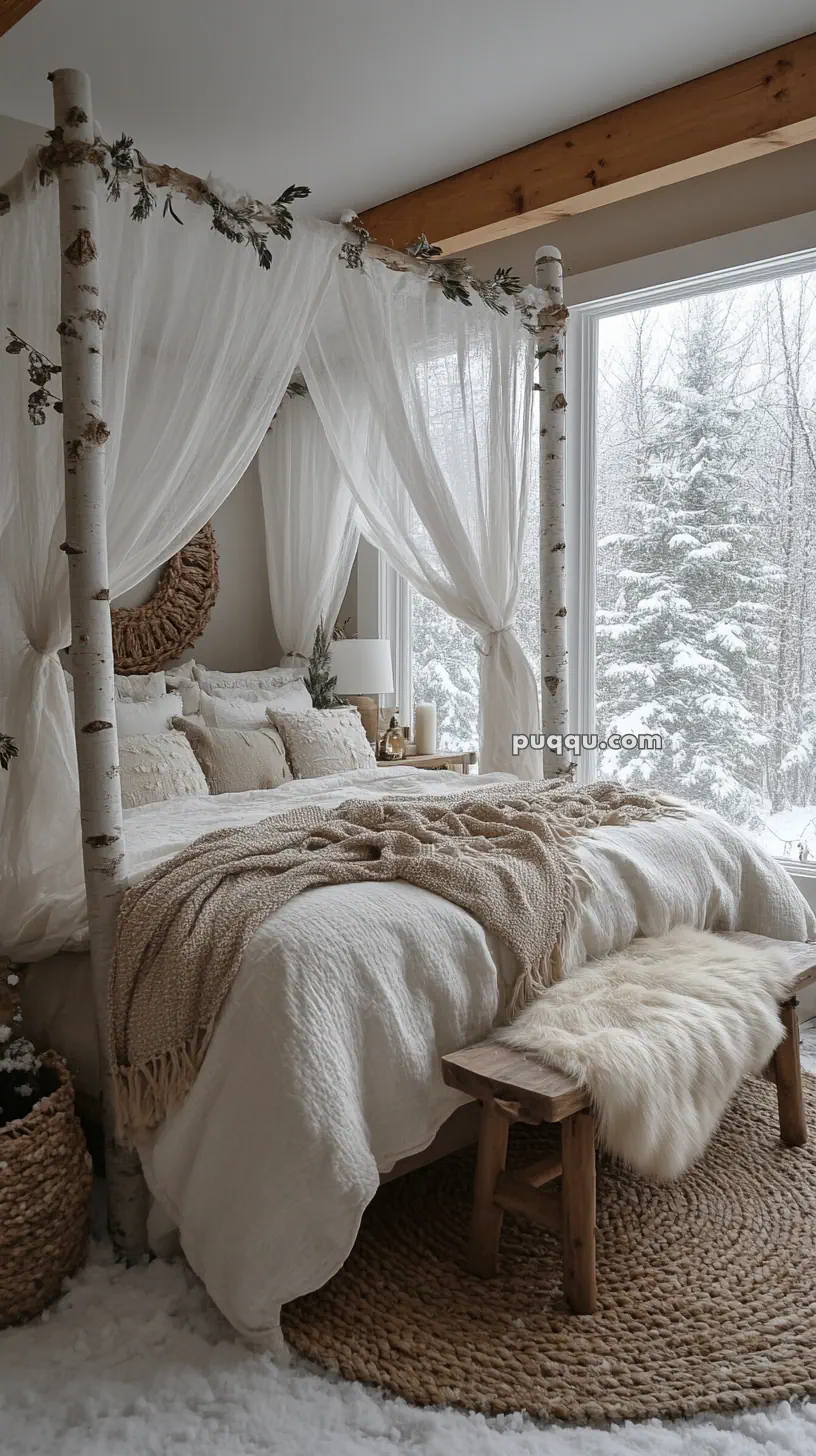 Cozy bedroom with a canopy bed made of birch branches, draped with white fabric, featuring neutral tones and a snowy forest view through large windows.