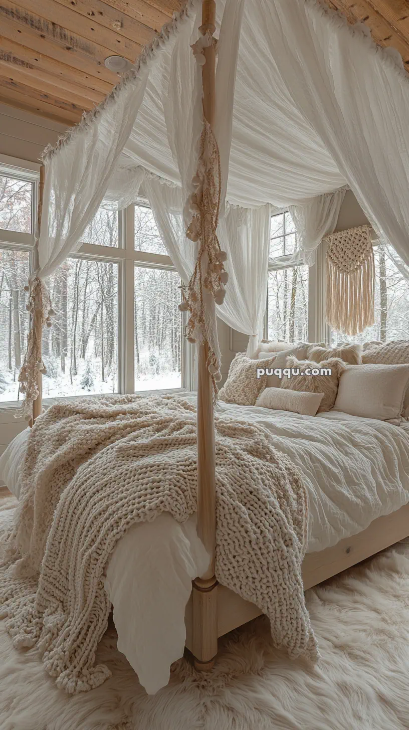 Cozy bedroom with a canopy bed, fluffy white bedding, and large windows overlooking a snowy forest.