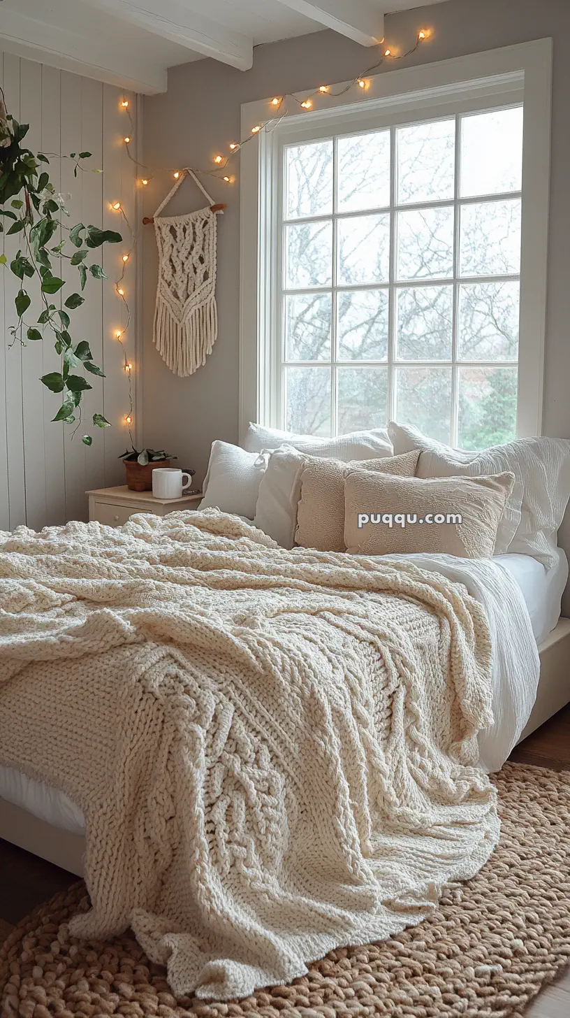 Cozy bedroom with a large window, fairy lights, knitted blankets, pillows, a macrame wall hanging, and a potted plant on a side table.