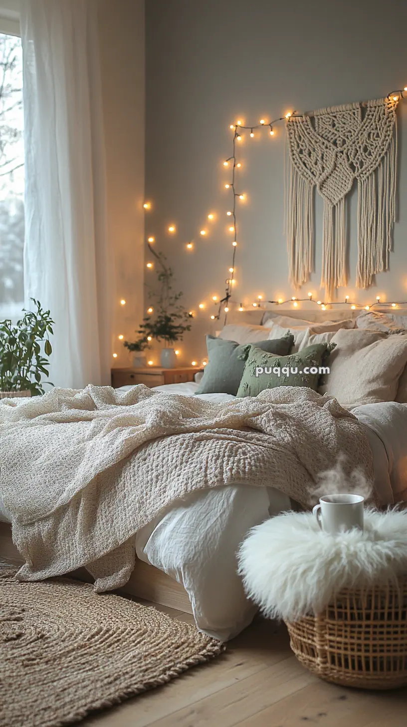 Cozy bedroom with a knitted blanket, decorative pillows, string lights, macramé wall hanging, plants, and a steaming mug on a fluffy stool.