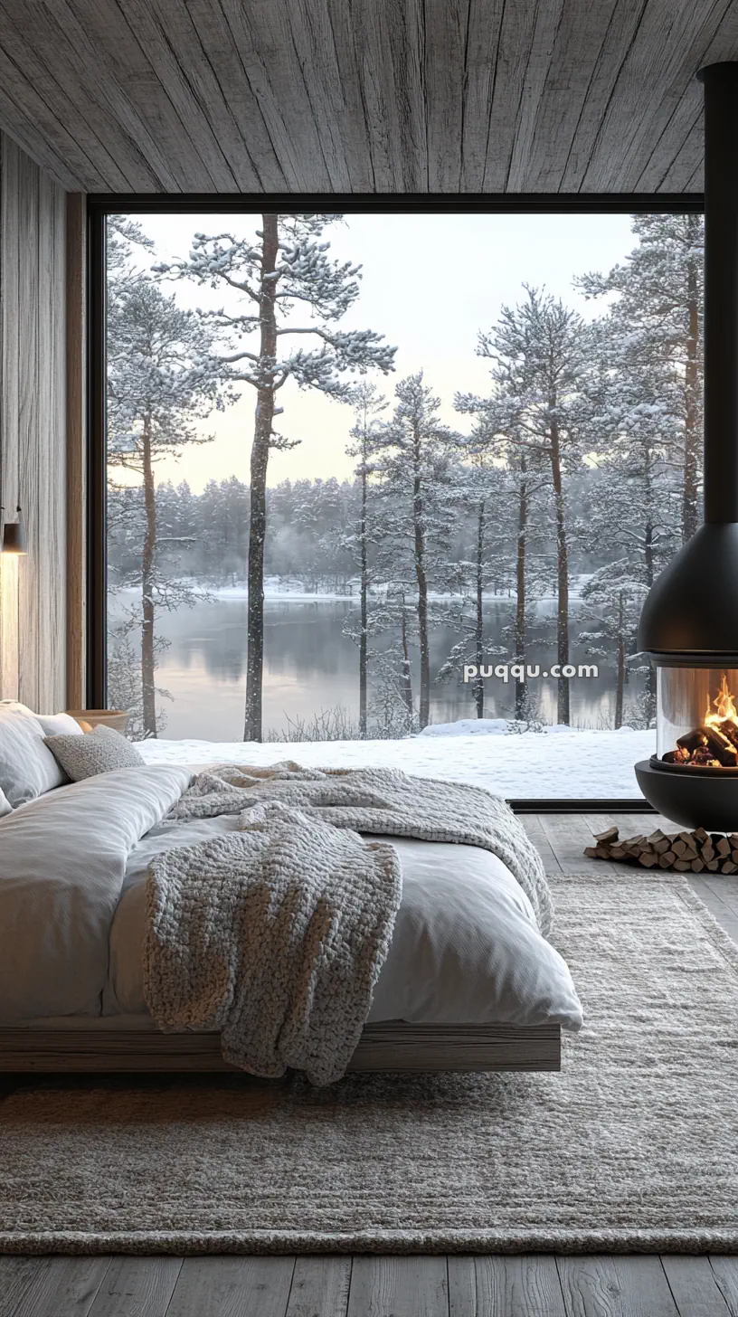 Cozy bedroom with a large window overlooking a snowy landscape, featuring a bed with a textured blanket and a modern hanging fireplace.