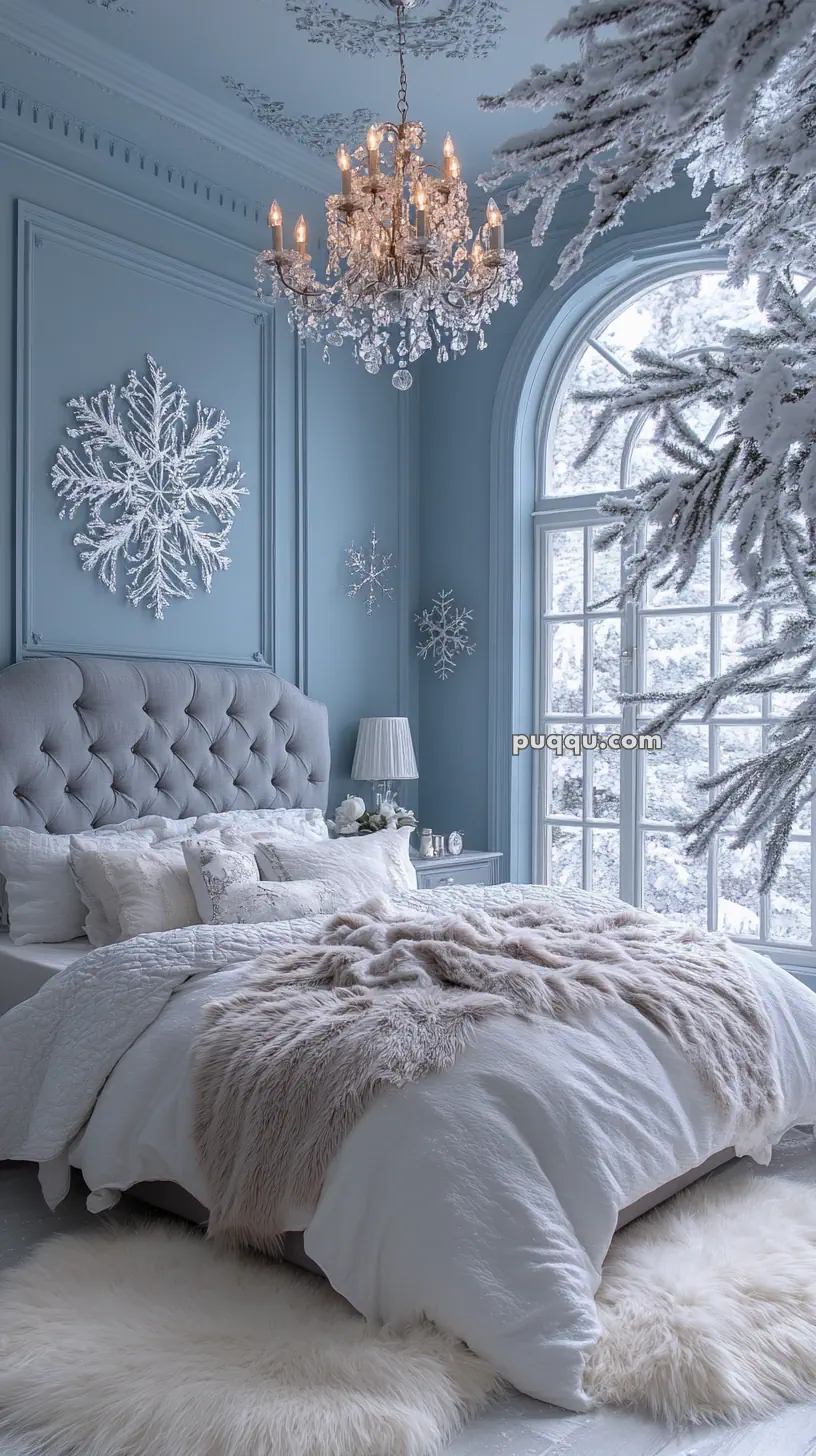 Elegant blue-themed bedroom with a tufted headboard, luxurious bedding, a chandelier, snowflake decorations, and a snowy window view.