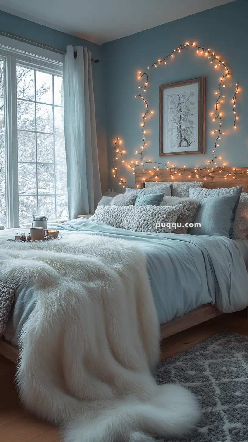 Cozy bedroom with light blue walls, a large window showing a snowy scene, a bed with fluffy pillows and blankets, string lights above the headboard, and a cup with tea on a tray.