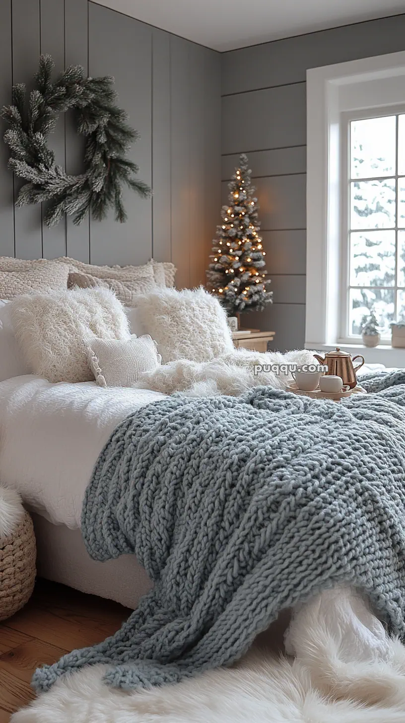 Cozy bedroom with a knit blanket, fluffy pillows, a wreath on a grey paneled wall, and a small decorated Christmas tree by the window.