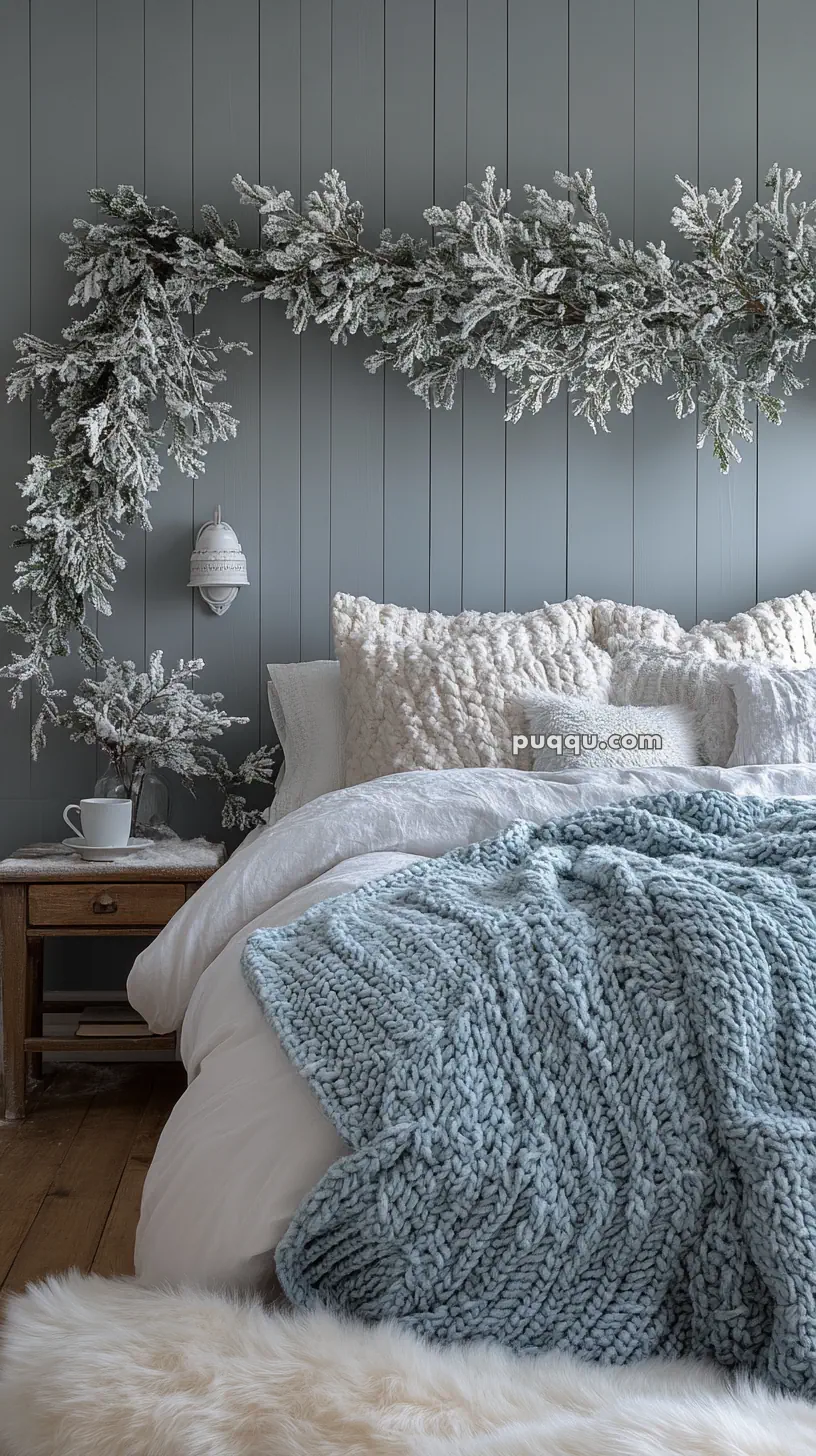 Cozy bedroom with a winter theme, featuring a plush bed with thick white and blue knitted bedding, snowy pine branch decor on the wall, and a rustic wooden nightstand with a cup and lamp.