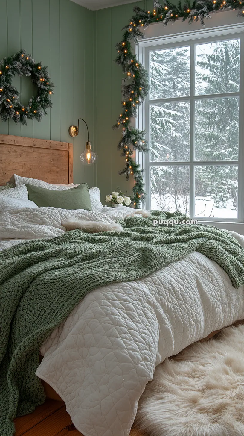 Cozy bedroom with a wooden headboard, green and white bedding, a large window showing a snowy scene outside, and Christmas garlands with lights on the wall and window.