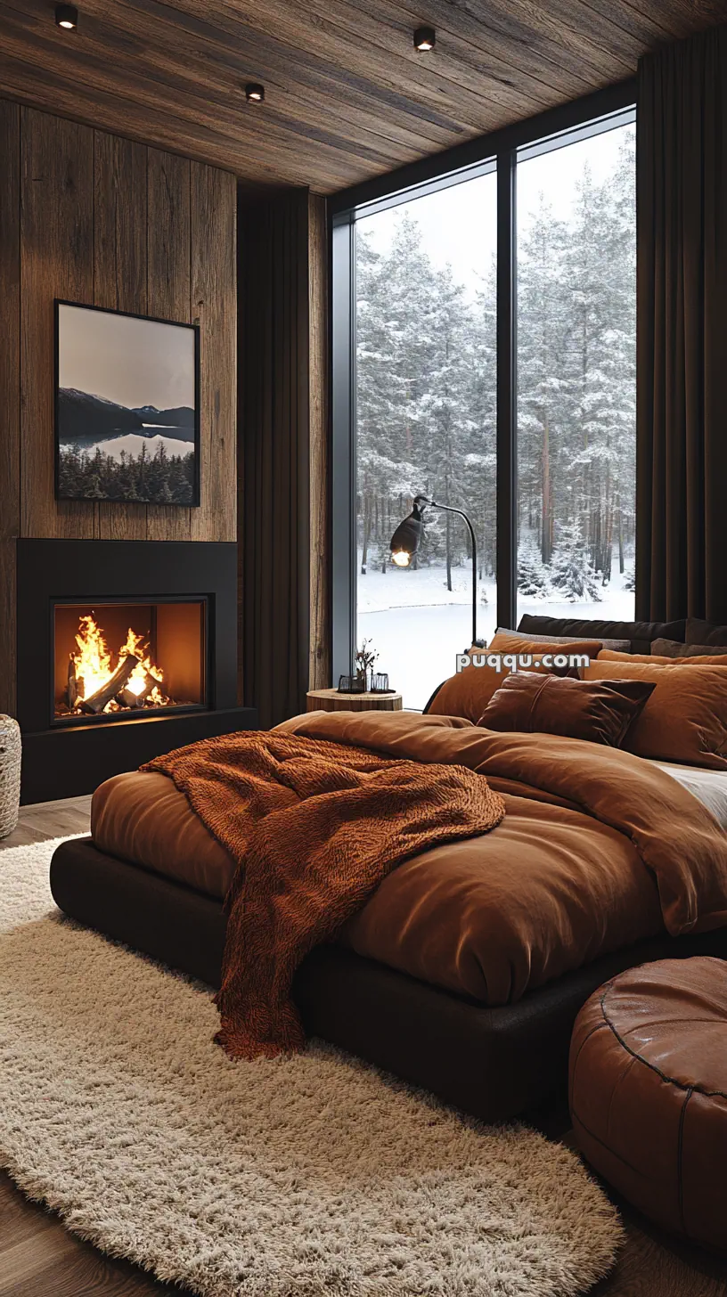 Cozy bedroom with a fireplace, rustic wood paneling, large window view of a snowy forest, and a bed with warm brown bedding and a textured rug.