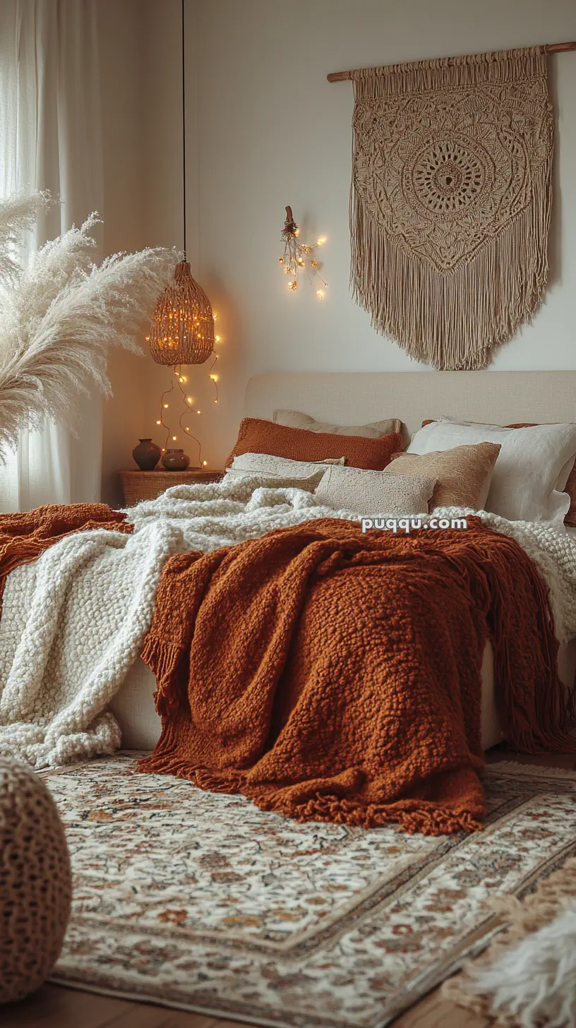 Cozy bedroom with neutral tones, featuring a bed draped with rust and cream blankets, macramé wall hanging, pampas grass, and ambient string lights.