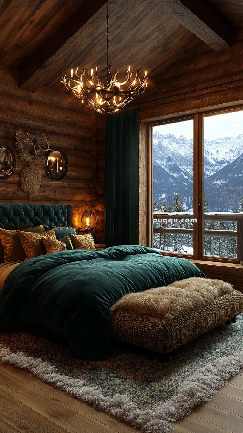 Cozy log cabin bedroom with a plush green bed, fur accents, antler chandelier, and a large window showing a snowy mountain view.