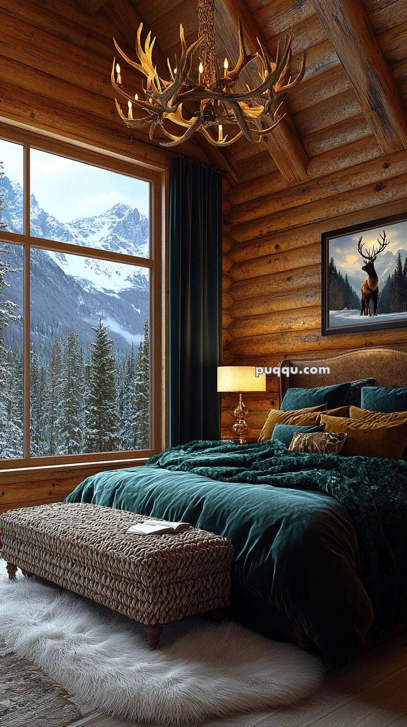 Cozy log cabin bedroom with a view of snowy mountains through a large window, featuring a rustic antler chandelier, green velvet bedding, and a bench at the foot of the bed.