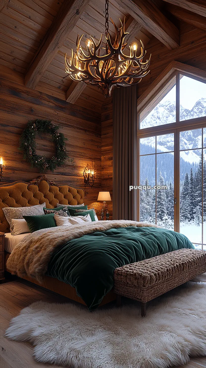 Cozy bedroom with wood-paneled walls, green and fur bedding, antler chandelier, and a large window revealing a snowy mountain view.