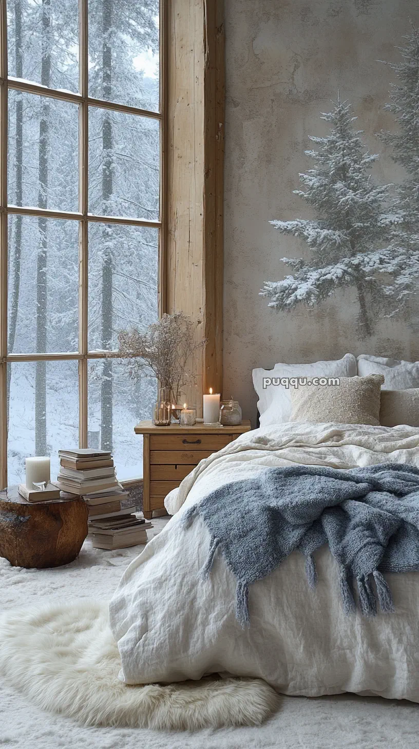 Cozy bedroom with large window revealing a snowy forest; bed covered with white linens and a gray blanket, wooden nightstand with candles and dried flowers.