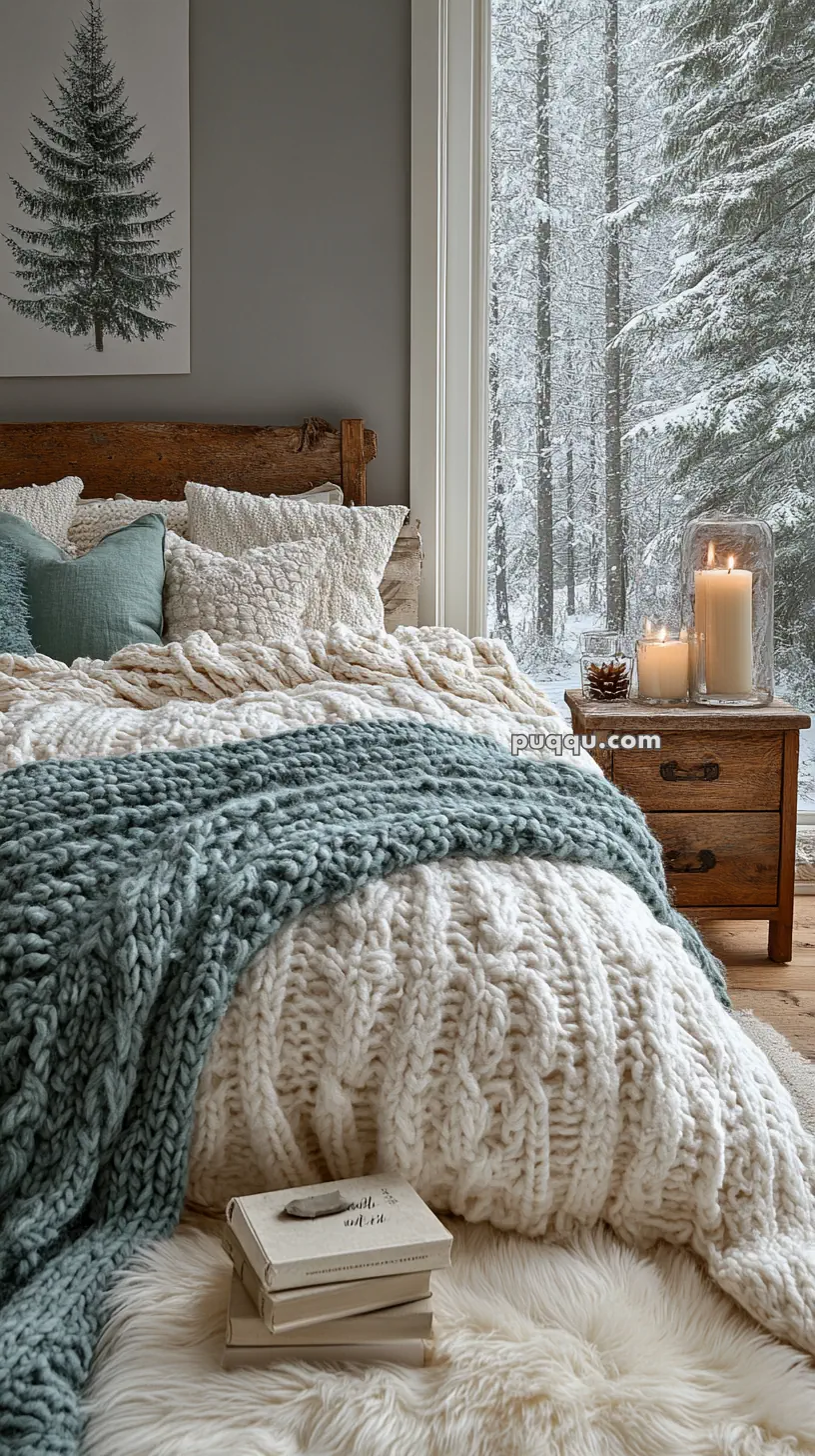 Cozy bedroom with a wooden bed, chunky knit blankets, pillows, and a nightstand with lit candles, overlooking a snowy forest scene through a large window.