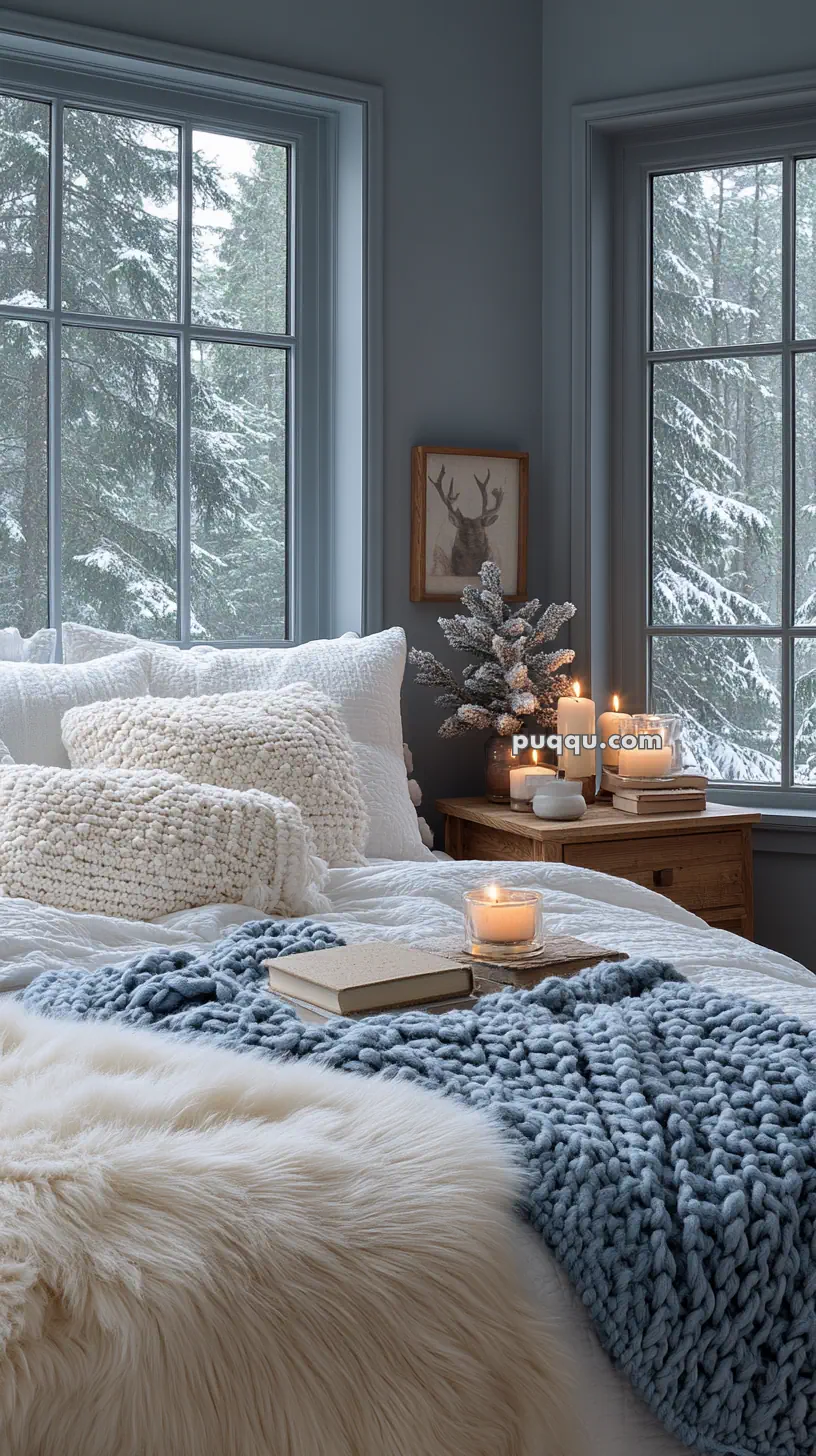 Cozy bedroom with a snow-covered view, featuring a bed with white and blue knit blankets, a wooden nightstand with candles and decor, and a wintry landscape visible through large windows.