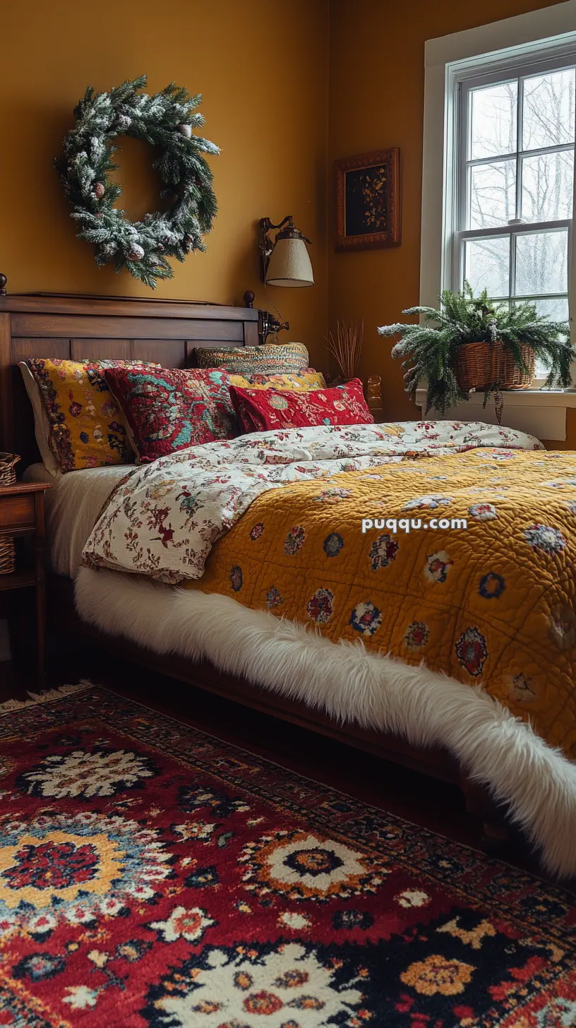 Cozy bedroom with a wooden bed, yellow quilt, floral pillows, and a decorated wreath on the mustard-colored wall. A large window lets in natural light, and a red patterned rug covers the floor.