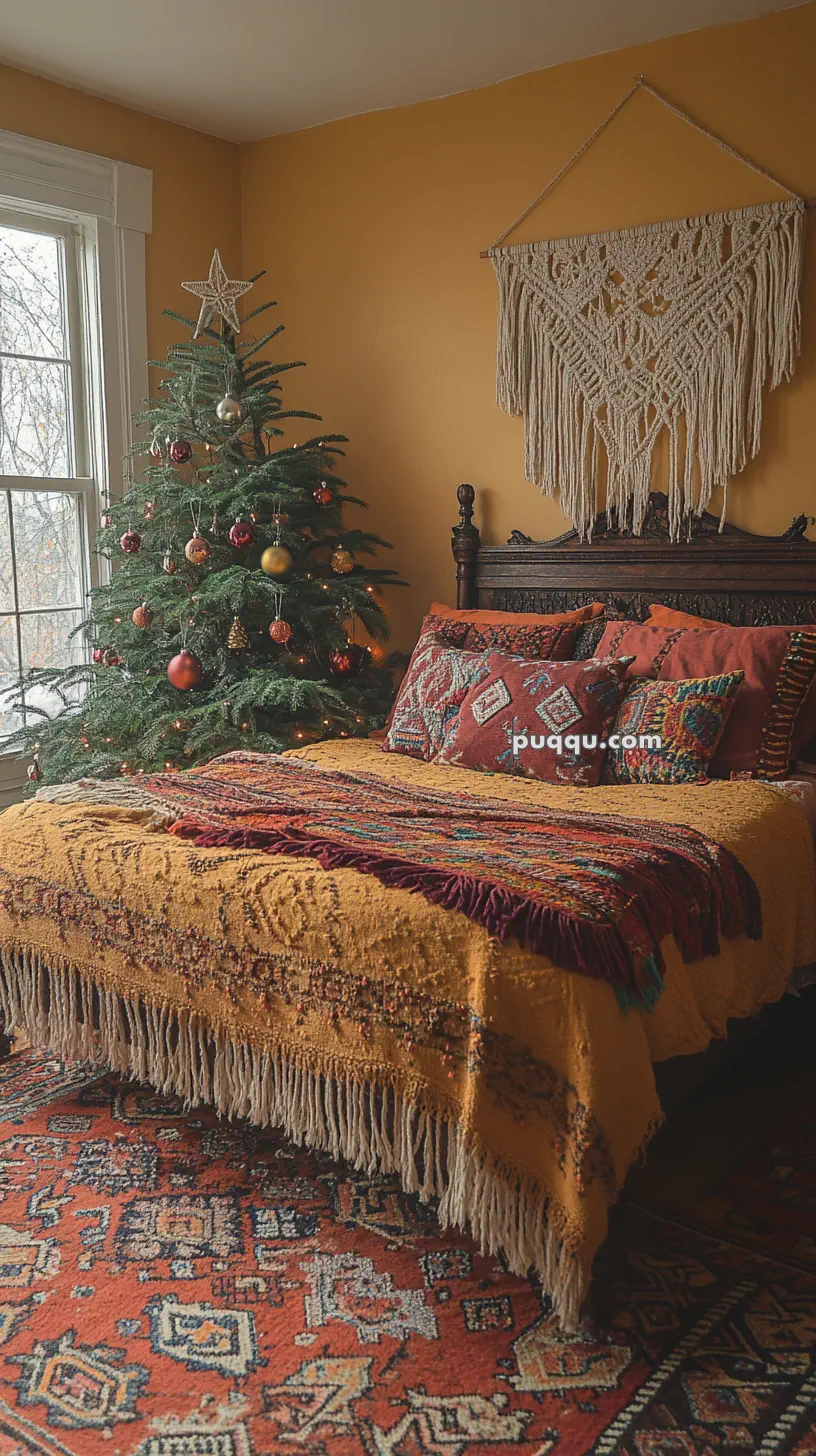 Cozy bedroom with a decorated Christmas tree, colorful bedspread, patterned pillows, and a wall hanging on a yellow wall.