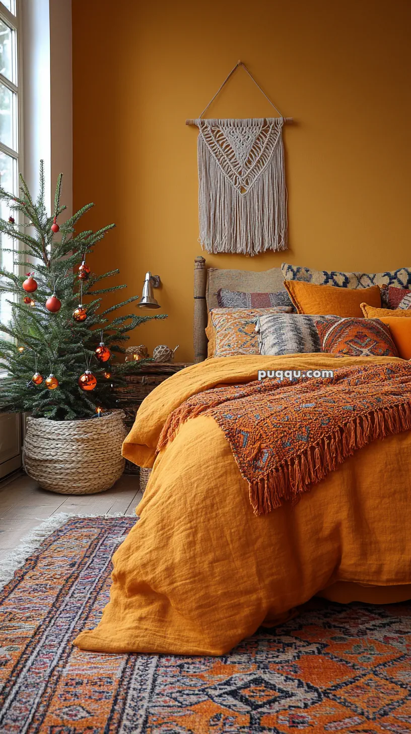 Cozy bedroom with bright orange bedding, an orange accent wall, macrame wall hanging, and small decorated Christmas tree.