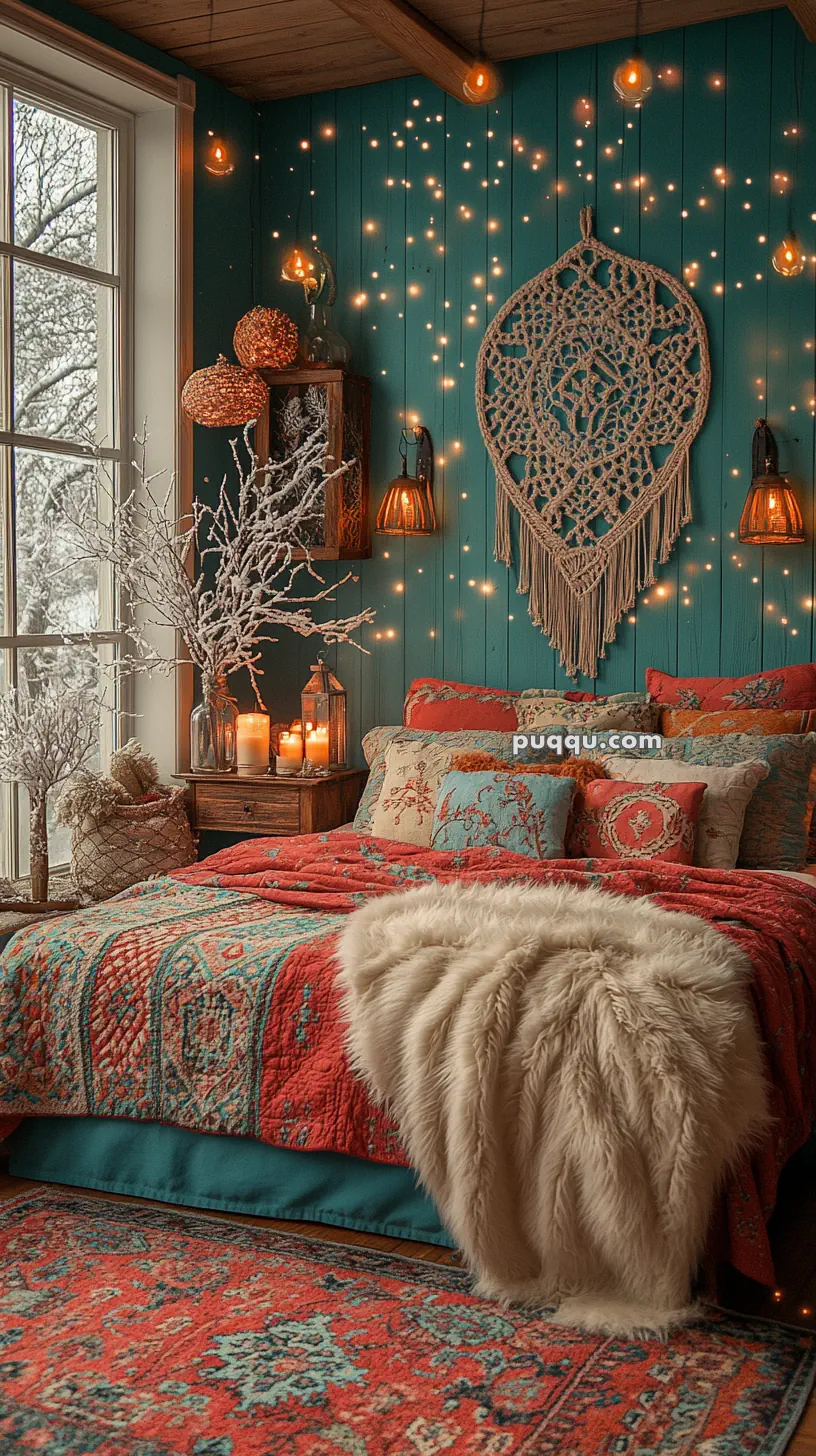 Cozy bedroom with turquoise walls and star-like fairy lights, featuring a macramé wall hanging, red and teal bedding with decorative pillows, a furry throw, candles on a wooden side table, and snow-covered branches visible outside the window.