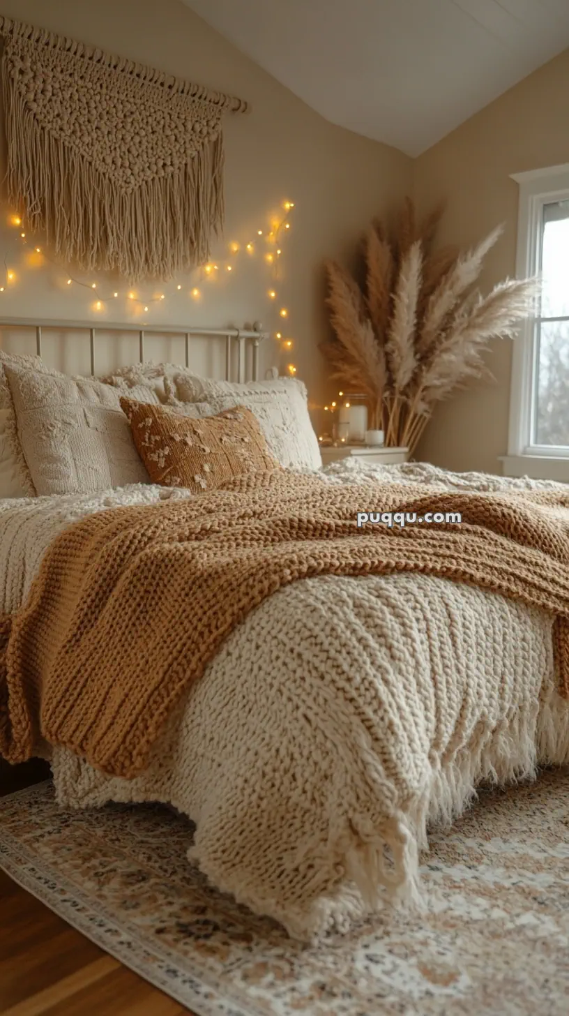 Cozy bedroom with a beige and brown color scheme, featuring a textured knit blanket, decorative pillows, string lights, a macrame wall hanging, and pampas grass decoration.