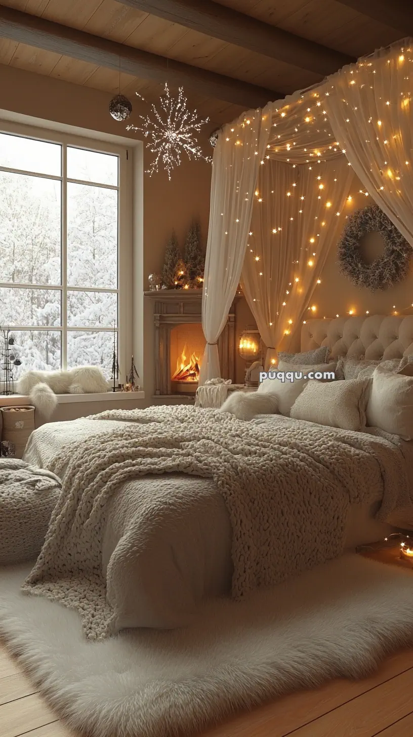 Cozy bedroom with a canopy bed, fairy lights, fluffy blankets, a large window showing snowy scenery, and a lit fireplace.