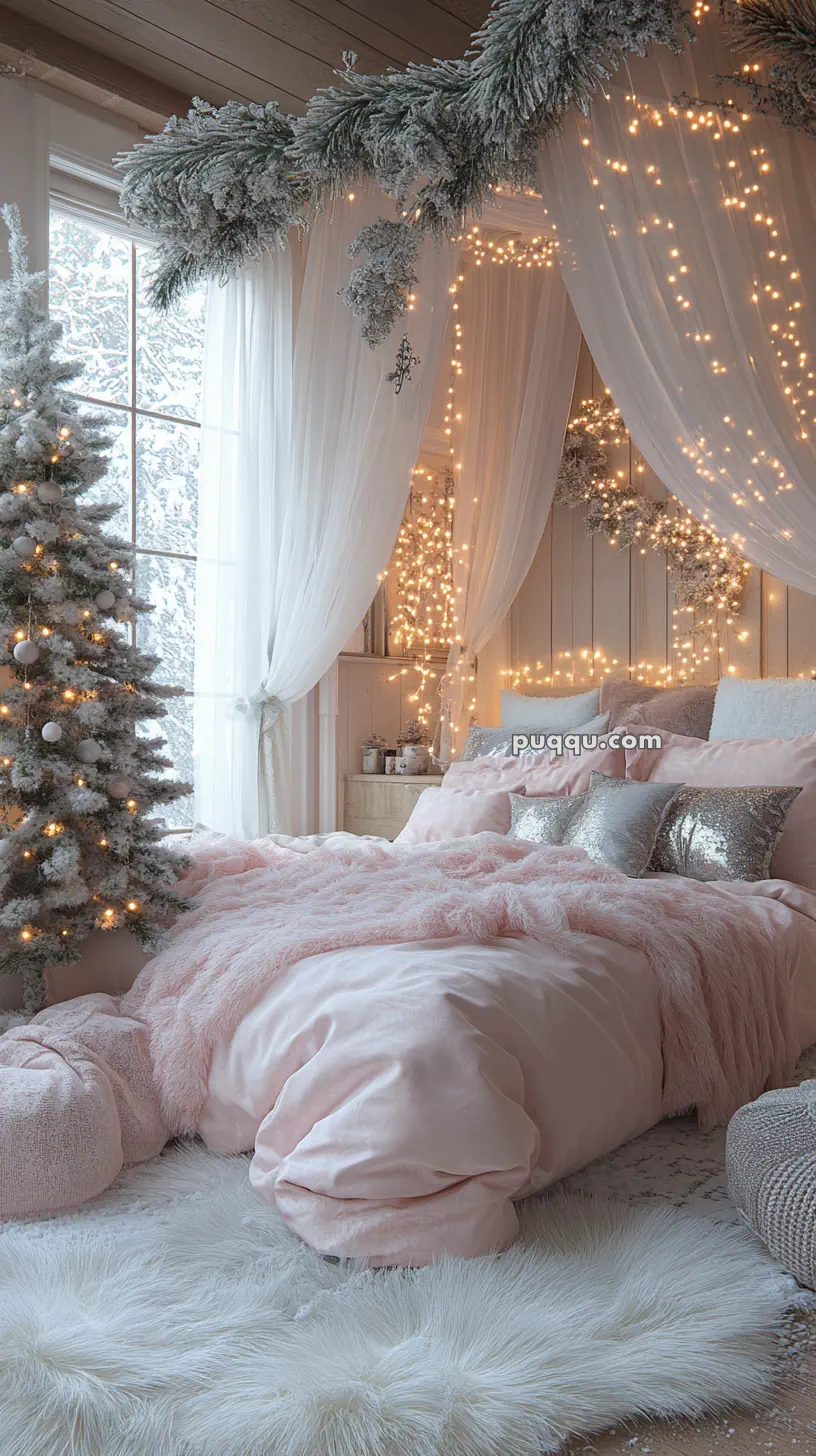 Cozy bedroom with pink bedding, silver pillows, and a canopy of white curtains adorned with string lights, featuring a snowy Christmas tree by a large window.