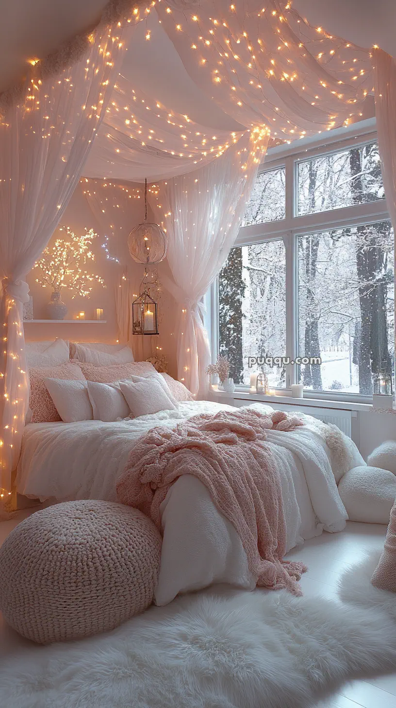 Cozy bedroom with a canopy bed, soft pink and white bedding, surrounded by fairy lights and large windows showcasing a snowy forest.