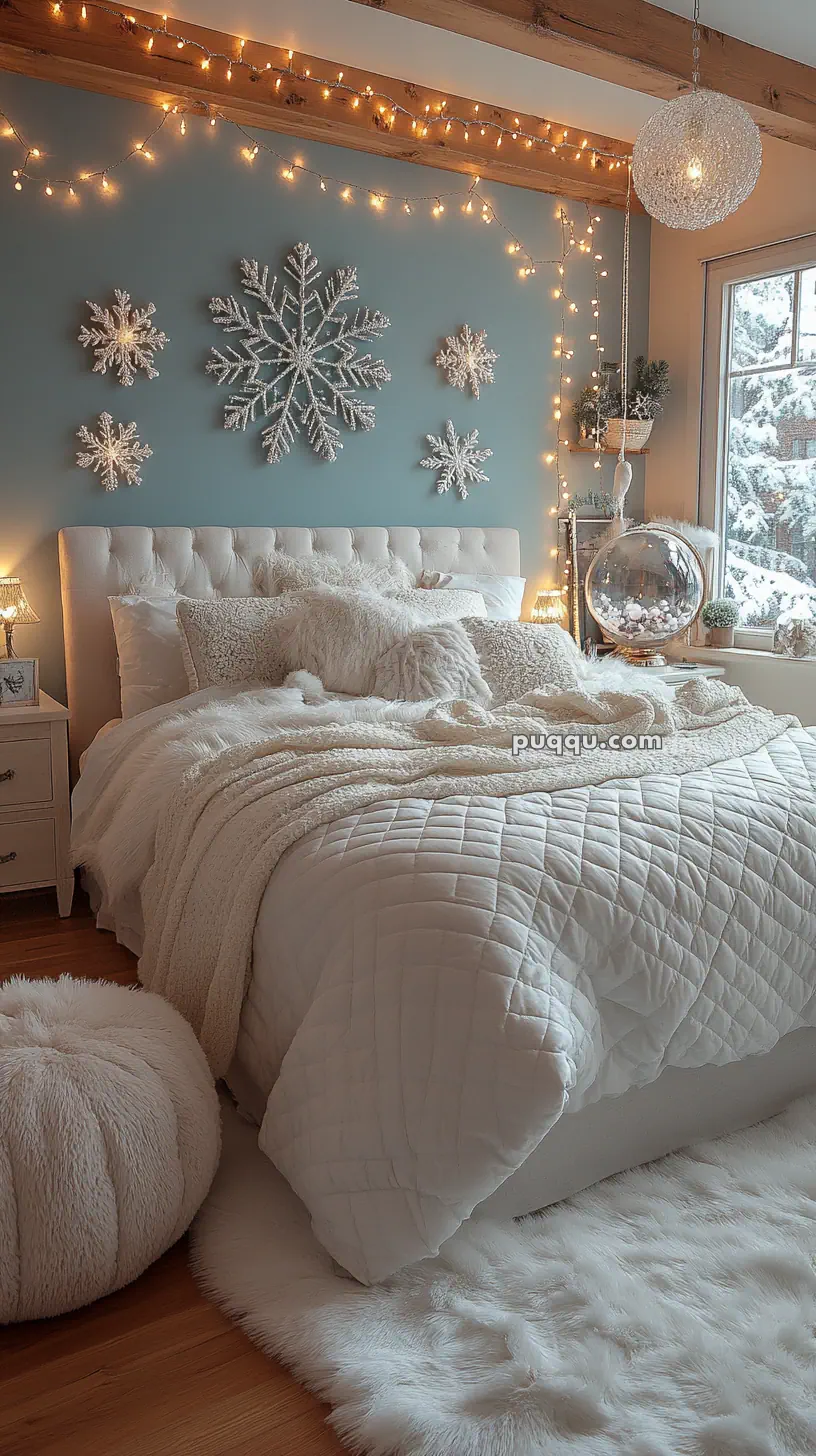 Cozy bedroom with white bedding, snowflake decorations on a blue wall, string lights, and a fluffy rug, with a snow-covered view outside the window.