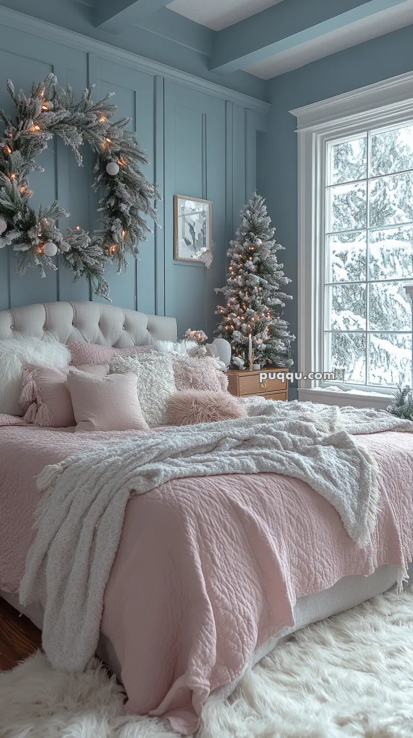 Cozy bedroom with a pink bed, fluffy pillows, and a fur rug, decorated with a Christmas wreath and small tree.