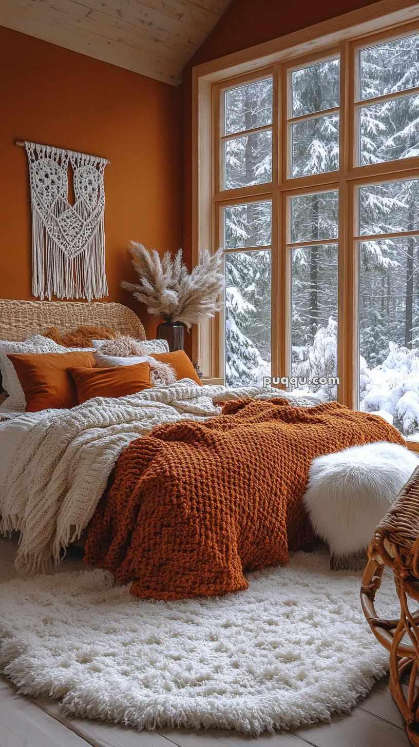 Cozy bedroom with orange walls, knit blankets, and a snowy forest view through large windows.