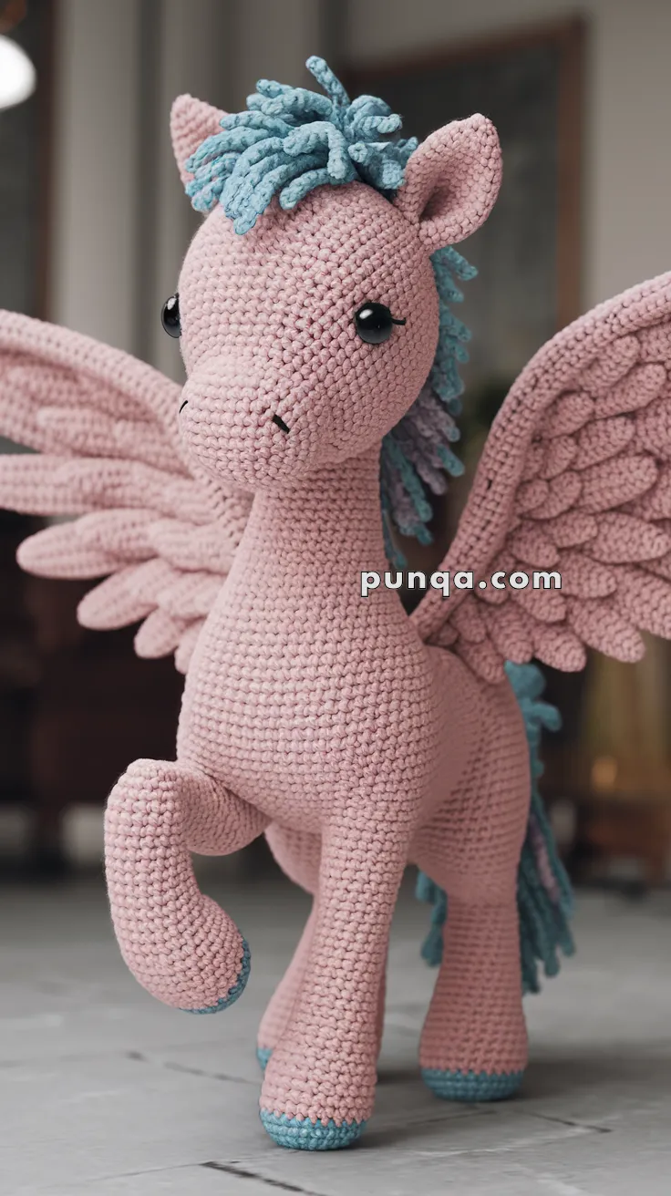 A crocheted pink pegasus toy with blue accents on its hooves and mane, featuring large wings and button-like eyes.