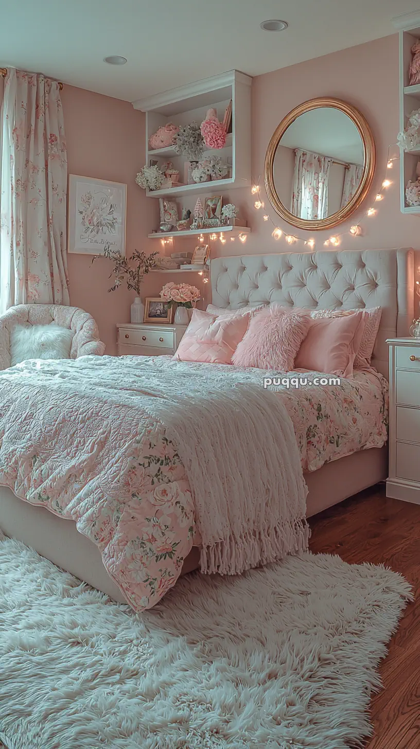 A cozy bedroom with a floral theme, featuring a bed with pink and white bedding, fluffy pillows, and a pastel pink headboard. The room is decorated with a circular mirror, shelves with floral decor, soft lighting, and a textured rug on a wooden floor.