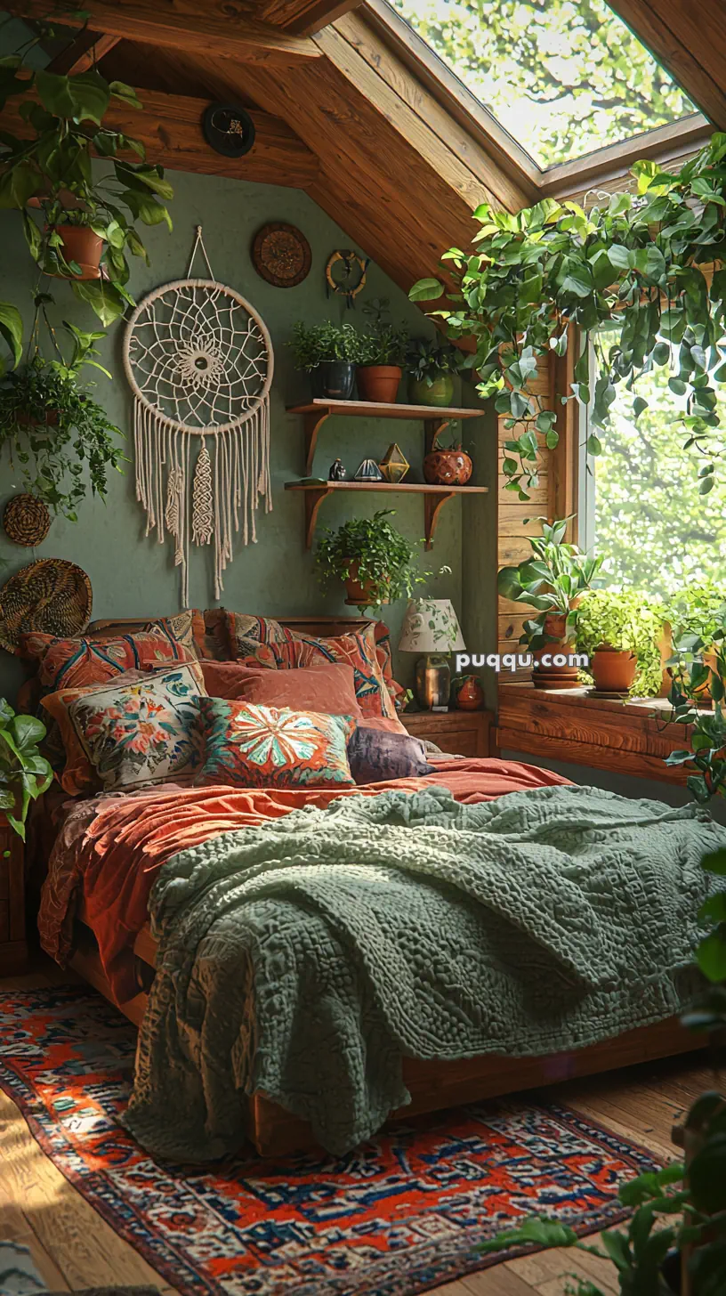 A cozy bedroom with a sloped wooden ceiling and a large skylight, filled with various green plants. The bed is covered in colorful, patterned pillows and a green quilt, with a large macramé dreamcatcher hanging on the green wall. Shelves with potted plants and decorative items are mounted on the wall, and a colorful rug decorates the wooden floor.