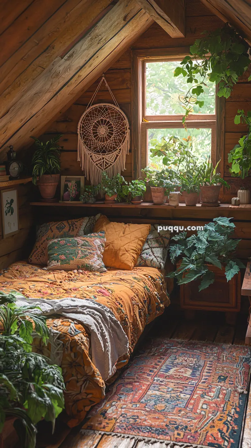 A cozy attic bedroom featuring a wooden ceiling, a bed with colorful pillows and blankets, and an abundance of potted plants on a window shelf and around the room. A dreamcatcher hangs on the wall, and a patterned rug covers the wooden floor.