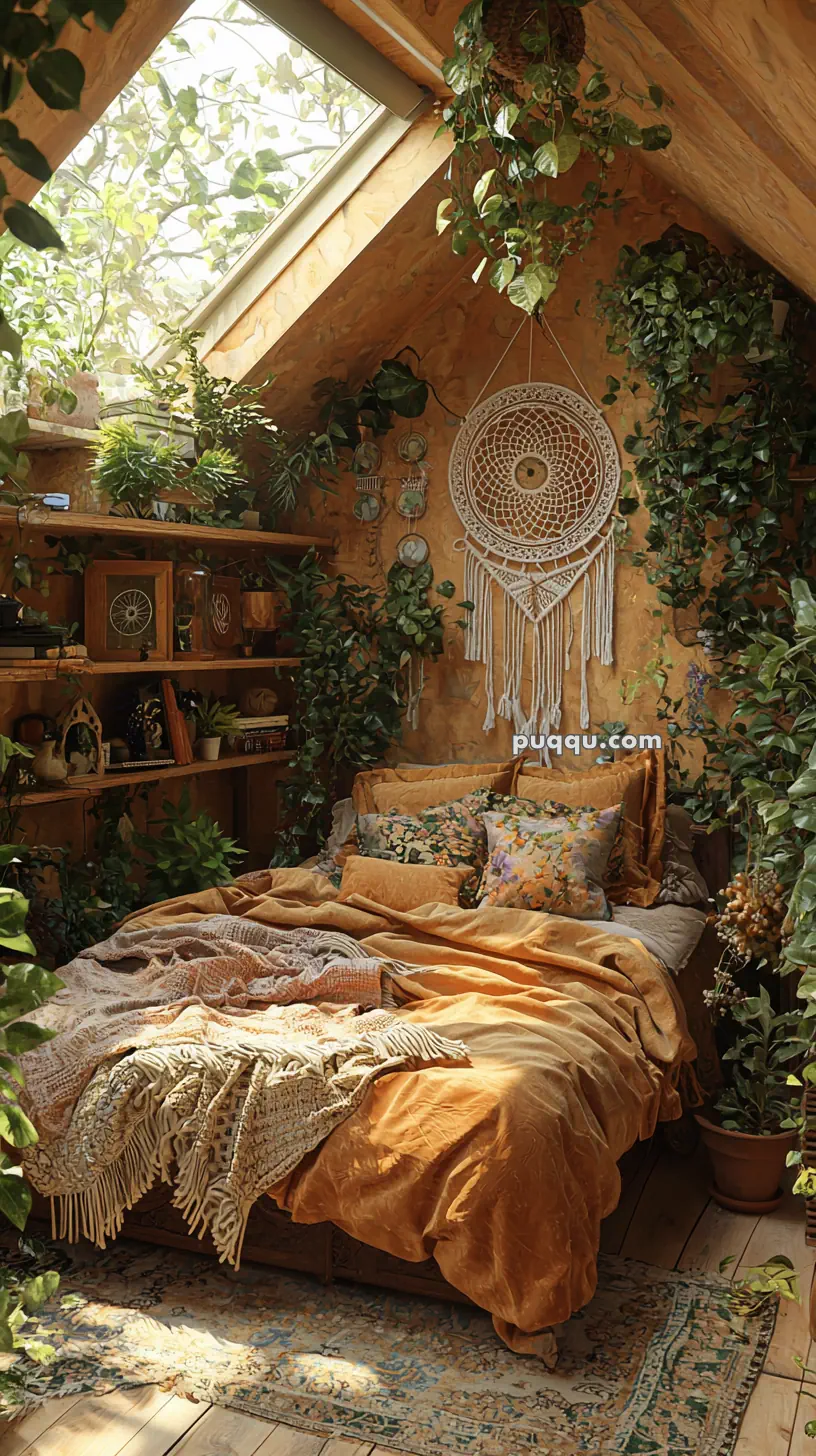 A cozy attic bedroom with a skylight, filled with lush greenery and decorated with a large crochet dreamcatcher above a bed with mustard-colored bedding and floral pillows.