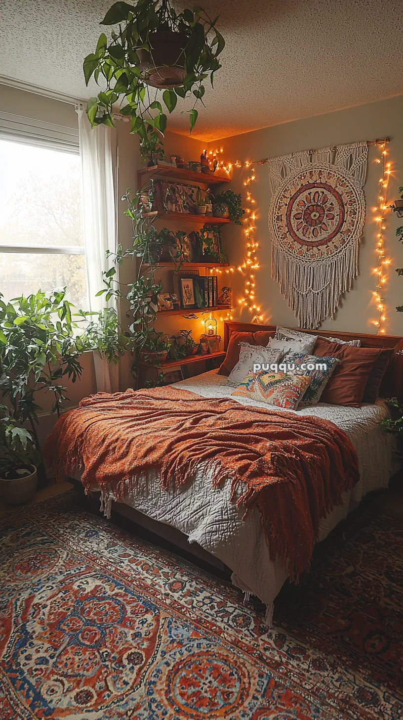 A cozy bedroom with a bohemian style, featuring a bed with an orange throw blanket and decorative pillows, surrounded by lush green plants and wooden shelves with books and decor. The walls are adorned with a large macramé wall hanging and soft string lights. A patterned rug adds color to the wooden floor.