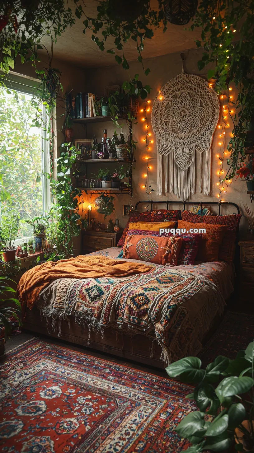 A cozy bedroom with vibrant, bohemian decor featuring a bed adorned with colorful patterned blankets and pillows. The room is filled with lush green plants, a macramé wall hanging, string lights, and shelves holding books and decorative items. The floor has a red patterned rug.