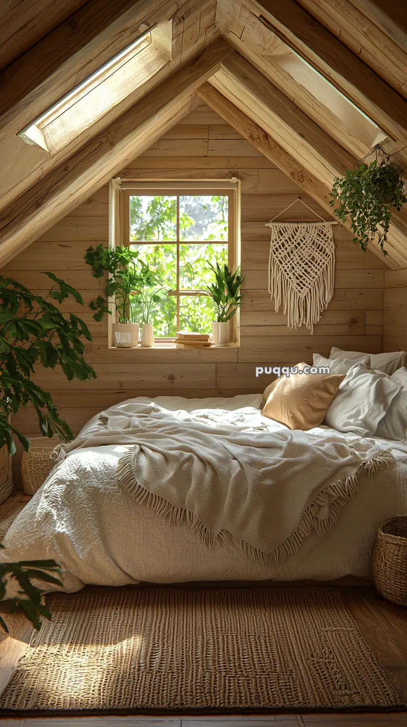 Cozy attic bedroom with a sloped wooden ceiling, small window, plants on the windowsill, a macrame wall hanging, and a bed with cushions and blankets on a textured rug.