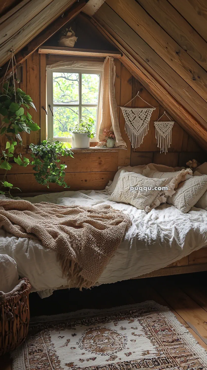 A cozy attic bedroom with a slanted wooden ceiling, featuring a window surrounded by potted plants and macrame wall hangings. The bed is adorned with textured pillows and a knitted blanket, with a woven basket on the floor beside it.