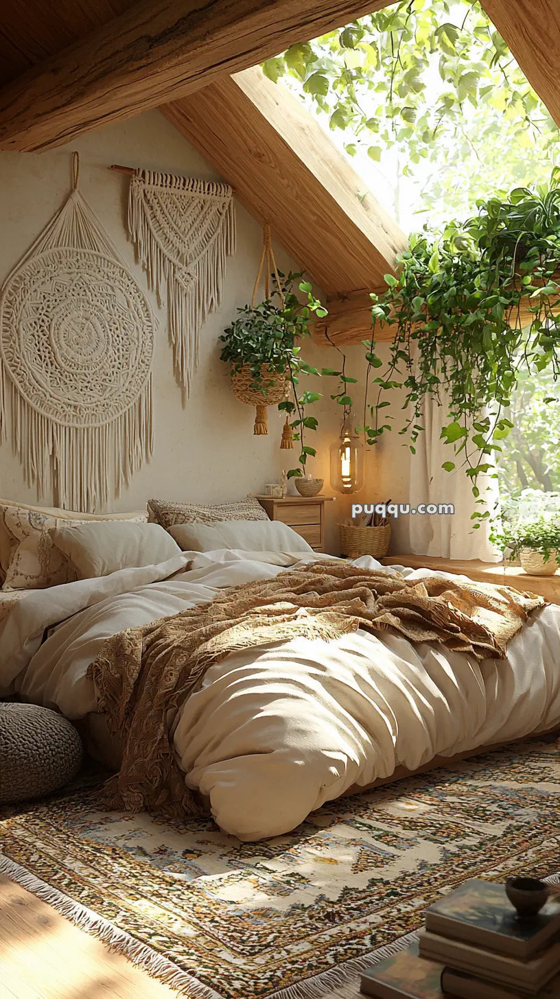 A cozy bedroom with a bohemian design featuring a low bed with white bedding and a patterned throw, hanging macramé art on the wall, and abundant greenery surrounding a large window under a sloped wooden ceiling.