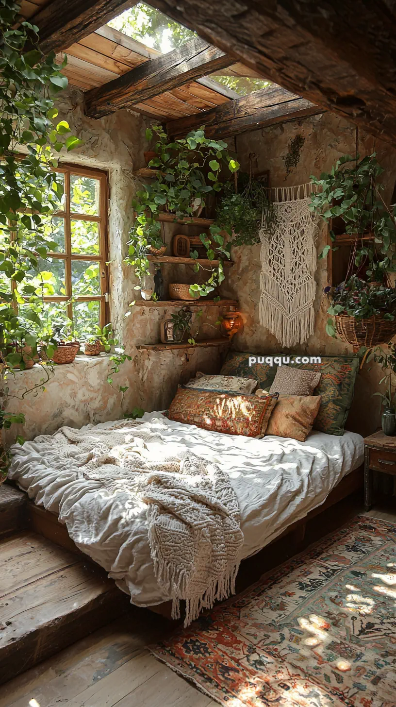 Cozy bedroom with a rustic, bohemian style, featuring a bed with a white knitted blanket and colorful pillows, surrounded by lush green plants, wooden ceiling beams, and a decorative wall hanging.