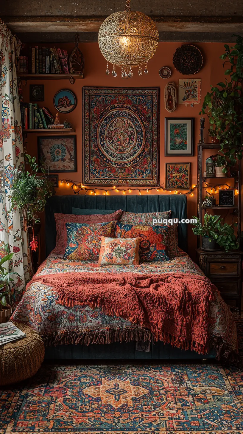 A cozy bedroom with Bohemian decor, featuring a bed with colorful patterned pillows and a richly textured red blanket. The walls are adorned with vibrant tapestries and framed art, illuminated by soft string lights. A woven basket and potted plants add natural elements to the space, enhancing its warm and inviting atmosphere.