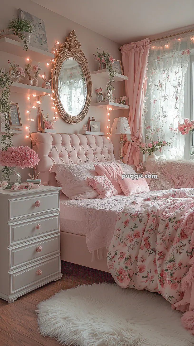 A cozy bedroom decorated in a soft pink theme with floral patterns. The room features a tufted pink headboard, a floral-patterned duvet, and decorative pillows. String lights and potted plants adorn the shelves, complementing the ornate gold-framed mirror above the bed. Light filters through sheer floral curtains, adding warmth and charm to the space. A white, fluffy rug lies on the wooden floor beside the bed.