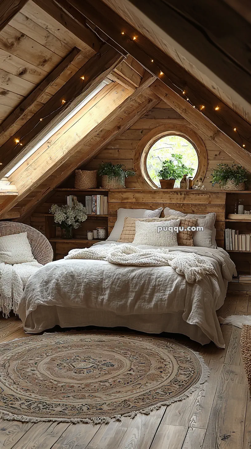 A cozy attic bedroom with wooden walls and ceiling, featuring a round window with potted plants on the sill. The bed is dressed with soft linens and pillows, and an armchair is beside it. A circular patterned rug is placed on the wooden floor, and shelves hold books and more potted plants, adding to the rustic charm.