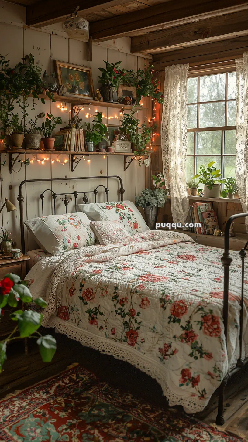 A cozy bedroom with a wrought iron bed covered in floral-patterned bedding. The room is decorated with numerous potted plants on shelves and a window with lace curtains letting in natural light. A rug adds warmth to the wooden floor, and string lights accentuate the rustic, homey atmosphere.