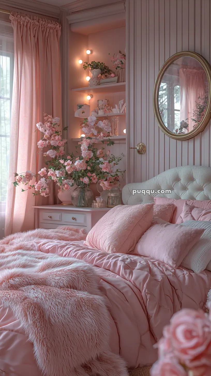 A cozy bedroom with pink decor, including a plush bed with a pink furry blanket and pillows, surrounded by floral arrangements and soft lighting on shelves. A round mirror is mounted on the wall above a cushioned headboard.